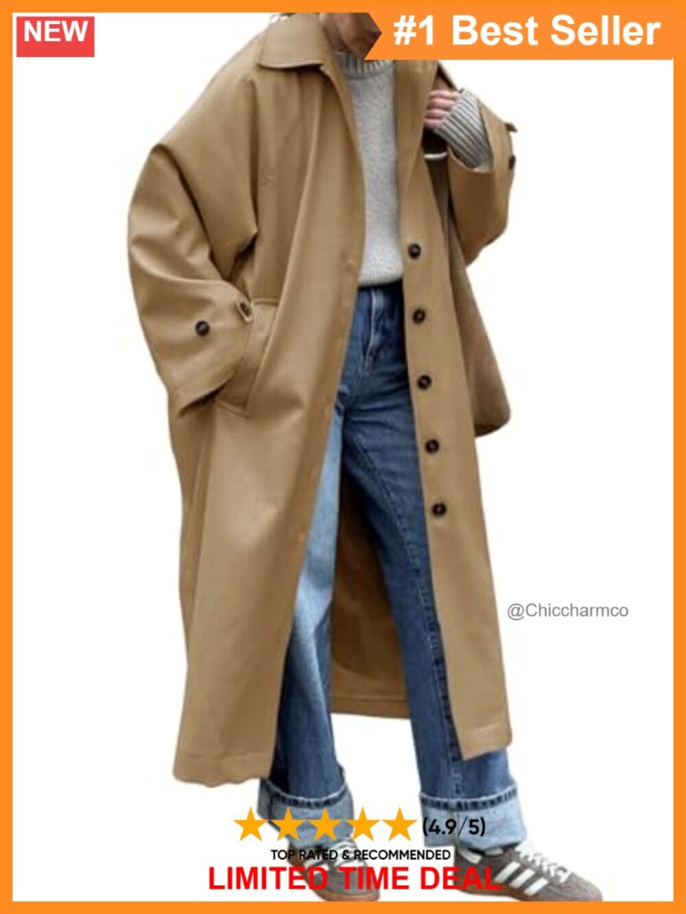 Women's Long Trench Coat Single Breasted Oversized Windproof Lapel Overcoat